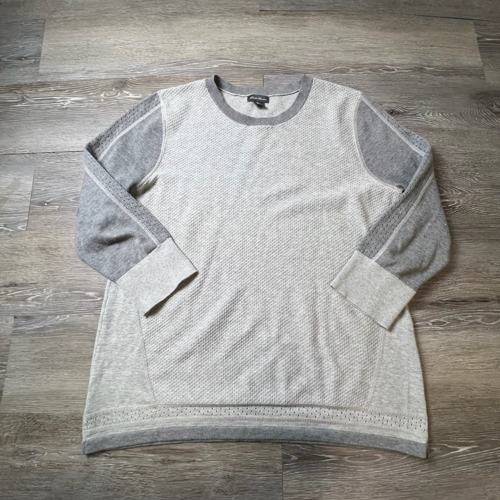 Eddie Bauer Knit Top Womens L Gray Coolmax 3/4 Sleeve Perforated Waffle Pullover